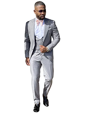 Men's Peak Lapel Three Pieces Suit Jacket Pants Double Breasted Buttons Vest Groom Homecoming