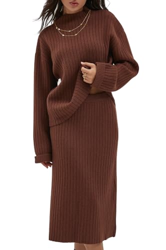 Image of CHYRII Womens Fashion Two Piece Outfits Mock Neck Oversized Sweater Tops Skirt Sets Sweater Dress Lounge Set