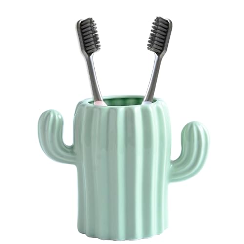 Maxramic Ceramic Cute Cactus Toothbrush Holders for Bathroom Countertop Organizer Toothpaste Holder (Light Green)