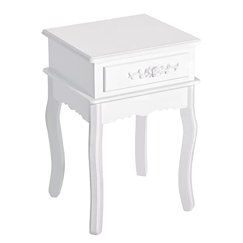 HOMCOM Mesita de Noche con 1 Cajón Mesa Auxiliar de Madera para Dormitorio Salón Estilo Moderno 40x35x60 cm Blanco