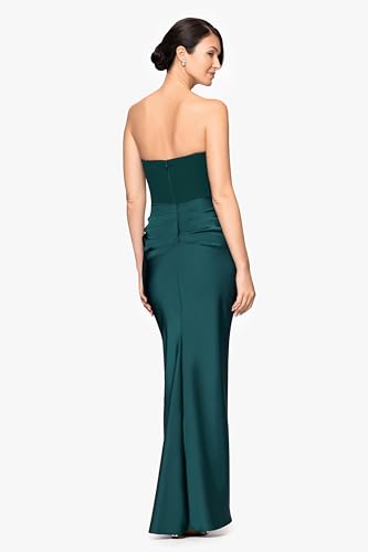 Image of Betsy & Adam Women's Floor Length, Strapless Boned Corset Detail Dress with Draped Satin Ruched Skirt