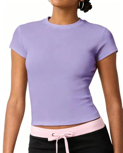 Womens Cotton Basic Crew Neck T-Shirts Y2K Cute Crop Tops Baby Tee Purple