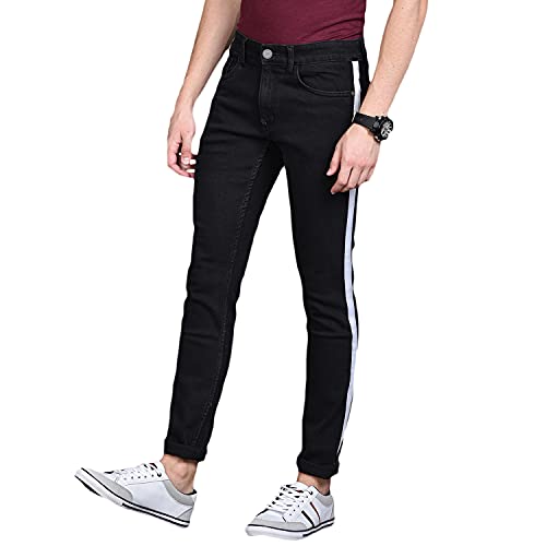 Image of CAHOOT Men' Black Tapered Side Striped Stretchable Cotton Mid Rise Denim Jeans
