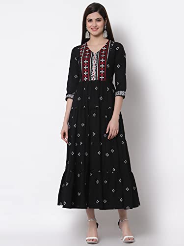 Image of Rangavali Black Tiered Dress for Women | Western A-Line Embroidery Maxi Long Dresses for Womens | Mangalgiri Cotton 3 /4 Sleeves 1 Piece Dress for Ladies | All