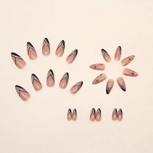 Image of French Tip Press on Nails Medium Almond Fake Nails Black Gold Line False Nail with Design Star Glue on Nails Glossy Artificial Acrylic Nail Press ons Full Cover Stick on Nail for Women Manicure 24PCS