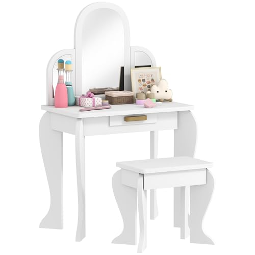 HOMCOM Tocador Infantil con Taburete y Espejo, Tocador para Niñas con Cajón, Mesa de Maquillaje para Niños y Niñas de 3-6 Años, Blanco