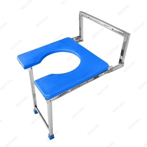 Image of Wall Mounted Foldable Commode Chair for Elderly & Senior Citizens | Portable Stainless Steel Indian Toilet Support Seat | Anti-Slip Lightweight Chair for Knee Pain, Pregnancy & Patient Care (Blue)