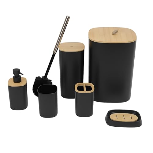 DIVCHI 6 Pieces Bathroom Accessories Set Luxury Accessory Sets Bathroom Bin And Toilet Brush Set Toothbrush Holder Tumbler Soap Dish Trash Can Soap Dispenser Bath Set Gift (Black)