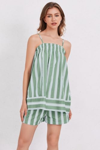 Image of calbatic Women 2 Piece Lounge Set Striped Summer Pajama Set Sleeveless Peplum Cami Top and Wide Leg Shorts Set Beachwear