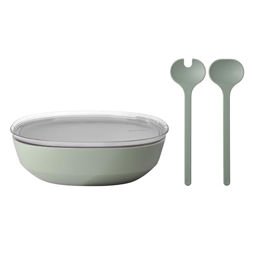 Mepal – Salat-Set Silueta – Servierschale mit Deckel (4000 ml) mit Salatbesteck (28,5 cm) – Outdoor-Serviergeschirr – Spülmaschinen- und mikrowellenfest – Kunststoff (PP, SAN, TPE) – Nordic Sage