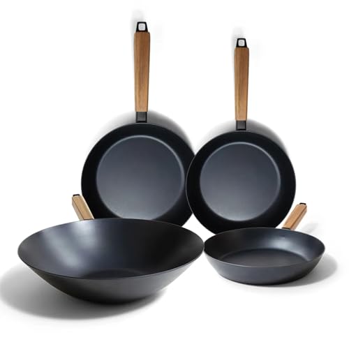 Alva Forest 4 Piece Seasoned Blue High Carbon Steel Pan Set Natural Nonstick Frying Pans Non Toxic PFAS PFOA PTFE Free Carbon Steel Frying Pans & Nonstick Wok Pan Safe for All Stovetops & BBQ