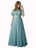 Ever-Pretty Sequin Formal Prom Dresses for Women Ruffle Sleeves Empire Waist A-Line Long Mother of Bride Dress Light Teal US18