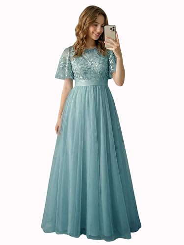 Image of Ever-Pretty Sequin Formal Prom Dresses for Women Ruffle Sleeves Empire Waist A-Line Long Mother of Bride Dress 00904