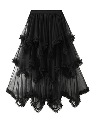 CHARTOU Women's Irregular High Waist Layered Tulle Gauze Pleated Midi Long A-Line Skirt