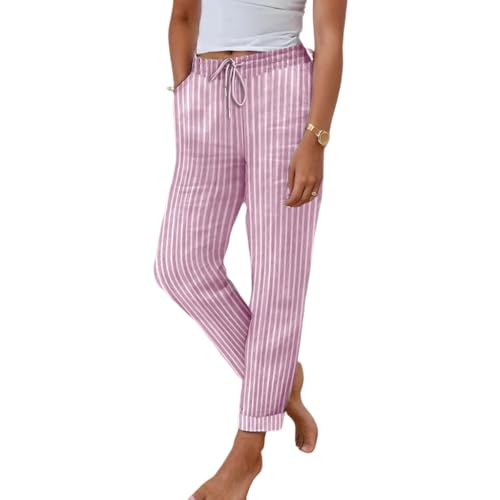 Women's Linen Striped Print Drawstring Elastic Waisted Pants with Pocket Casual Fit Lightweight Straight Leg Trousers