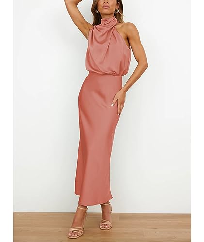 Image of Sexyshine Women's Elegant Halter Tie Neck Sleeveless Satin Long Dress Backless Split Cocktail Party Formal Wedding Maxi Dress