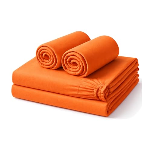 Amour Calin 4 Piece Bed Sheet Set - Easy Care Soft Brushed Microfibre Fabric - Flat Sheet, Fitted Sheet with Pair of Pillowcases - Shrinkage and Fade Resistant (Orange, Double)