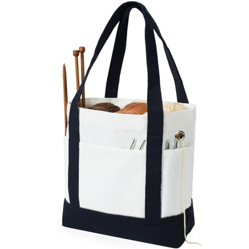 Image of Yarn Bag, Canvas Crochet Tote, Yarn Storage Organizer Holder for Crocheting, Crochet Accessories, Knitting Needles Project Bag, Portable Knitting Bags and Totes