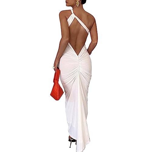Image of Suillty Women's Sexy Oblique Shoulder Backless Maxi Dress Ruched Back Strap Sleeveless Party Club Long Dresses Bodycon