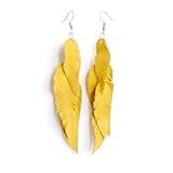 Yellow Suede Leather Feather Earrings for Women, Lightweight Statement Jewelry, Long Layered Dangle Earrings with Chain, Handmade Boho Summer Gift for Her