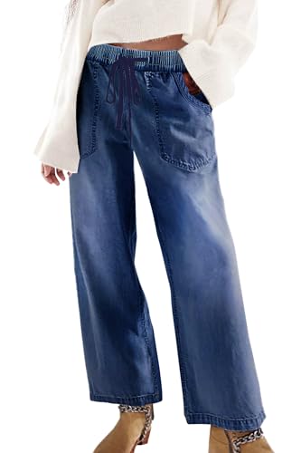 SESERAGI Womens Barrel Stretch Jeans Distressed Drawstring Wide Leg Loose Pull On Denim Jeans Pants