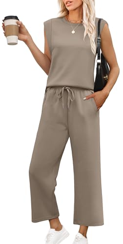 OFEEFAN Lounge Sets for Women 2 Piece Matching Sets Spring Summer Outfits Casual Cap Sleeve Crewneck Wide Leg Pants