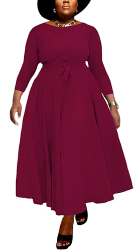 Image of BFFBABY Women's Wrap V Neck Plus Size Maxi Dresses 3 /4 Sleeves Chain Floral Printed Swing Dress with Belt