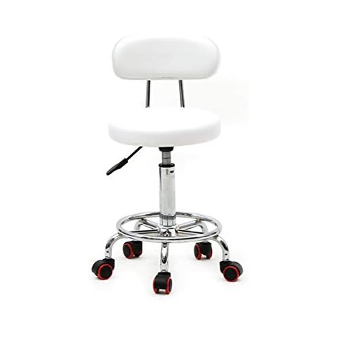 CDMGLC Pu Leather Round Stool Rotating Bar Stool Adjustable Salon Stool Adjustable Stool Office Desk Chair with Back and Wheels Massage Stool Swivel for Home Office Spa Shop (White with Back) Cover