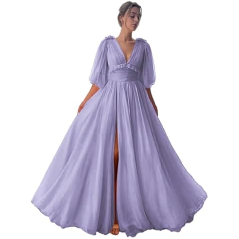 Xijun Women's Tulle Puffy Sleeve Prom Dresses V Neck Long Half Sleeves Bodice A Line Formal Evening Party Gowns with Slit Lilac US0 Cover