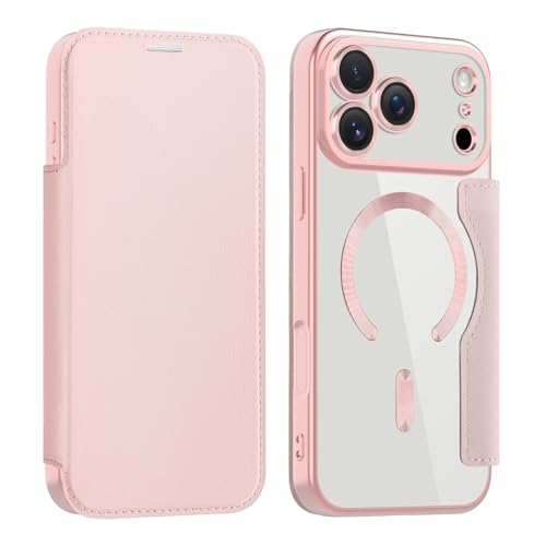 Étui pour iPhone 17 Pro rose : coque arrière en silicone et clapet en cuir