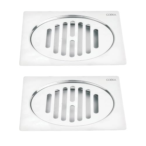 Image of GOEKA Square Lock Grating Stainless Steel Floor Drain 5 inch | Chrome Finish | Double Hole Locking Jali /Trap Floor Drain for Bathroom & Kitchen | Pack of 2 | SS 304 Shower Water Drainer