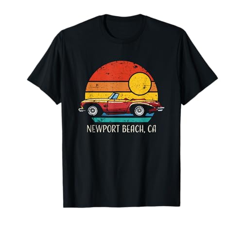 Newport Beach CA Rétro Coucher de Soleil Vintage Style Voiture Design T-Shirt