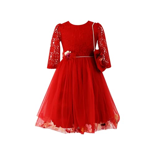 Robe rouge filles ensemble 3 pièces floral à paillettes et double maille pour anniversaire