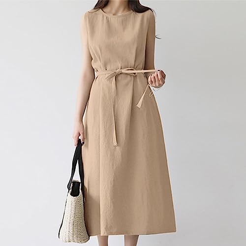 BBIQI Vestido feminino de linho de algodão, simples, casual, sem mangas, vestido midi regata, evasê,