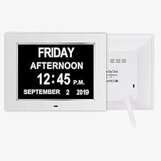 LOEFME 7 Inch Digital Calendar Day Date Clock with auto Time Change Dementia Clocks with days dates and time of day for elderly Free Standing 12 Alarms