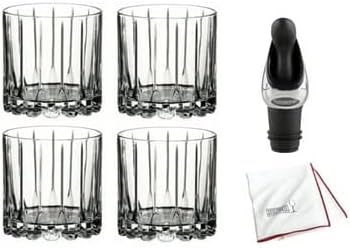 Riedel Drink Specific Glassware Rock Glass (9 oz, Clear) Set of 4 Bundle with Wine Pourer with Stopper and Polishing Cloth (4 Items)