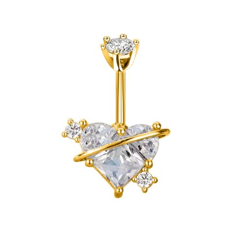 Niaspi Cubic Zirconia Heart Belly Button Rings Fashion Stainless Steel Crystal Hearts Belly Piercing Jewelry Navel Barbells Rings Sparkling Body Jewelry for Women (Gold)