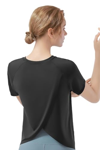 [MORGEN SKY] プラクティスシャツ 半袖シャツ 優雅 真夏ヨガウェア Tシャツ 吸汗速乾 冷感 UVカット UPF15 ストレッチ インナー ワンポイント トレーニング レディース ジュニア バレエ ダンス ランニング フィットネス YJ40(XL, マカロン-ブラック)