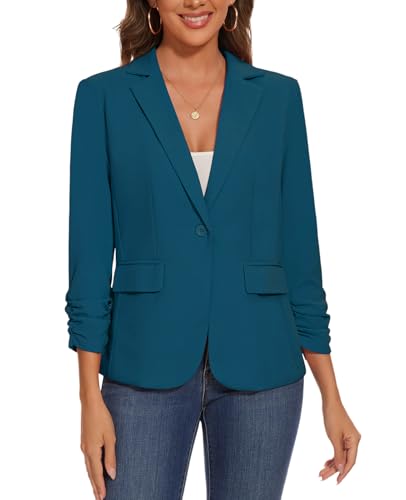 Women's Casual Single Button Front Blazer Ruched 3/4 Sleeve Notched Lapel Office Lightweight Blazers with Pockets4