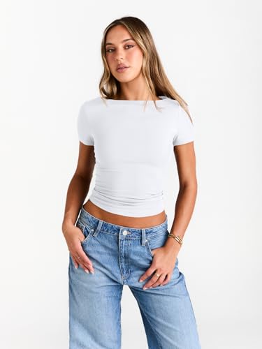 Image of Trendy Queen Womens Boat Neck Tops Short Sleeve Shirts | Compression Basic Tops,Y2K Aesthetic Slim Fit,Professional Business Casual, Polished Teacher Outfits