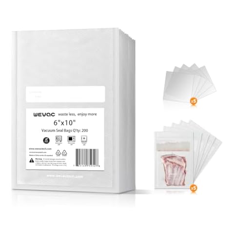 6" x 10" Precut Vacuum Sealer Bags, 200 Count, Includes 5 Liquid Block Bags & 5 Bone Guard Pieces, Heavy Duty for Food Storage, Sous Vide & Meal Prep, Wevac Cover