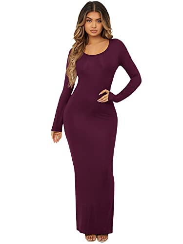 Floerns Women's Solid Long Sleeve Scoop Neck Bodycon Pencil Maxi Dress