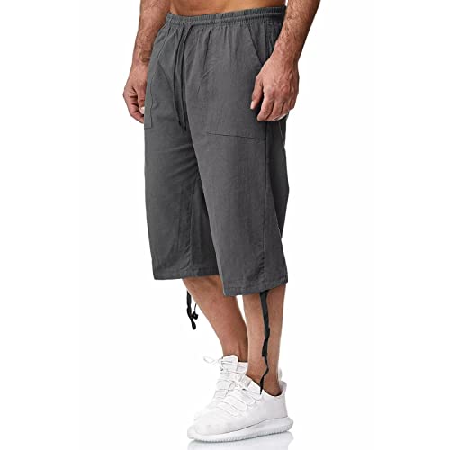 Rela Bota Men's Cotton Linen Pants Casual Beach 3/4 Shorts Summer Trousers Elastic Waist Lightweight3