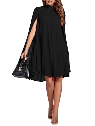 Image of Rooscier Women's Cloak Sleeve Party Midi Dress | Mock Neck Pleated Keyhole Back Flowy Dresses