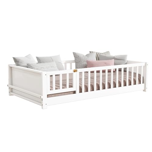 Image of Bellemave Twin Size Kids Montessori Floor Bed with Door,Twin Floor Bed Frame with Slats and Bookcase,Solid Wood Montessori Bed for Girls Boys,White