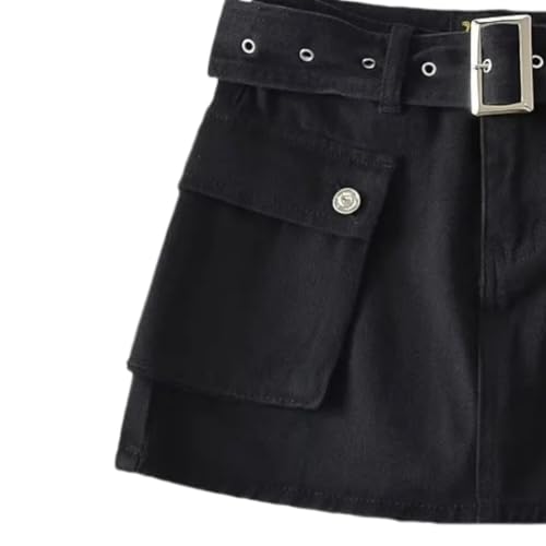 Women's High-Waist Flap Pocket Y2k Skinny Denim Cargo Short Skirt with Belt4