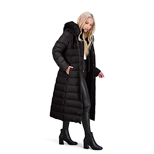 Tahari Nellie Womens Removable Faux Fur Trim Long Down Coat Jacket Black Size S #TOP4