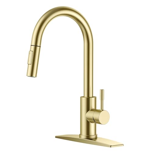 FORIOUS Gold Kitchen Faucet with Pull Down Sprayer, High Arc Modern Classic Sink Faucet Stainless Steel with Deck Fit for 1 or 3 Hole for Pot Filler Bar Farmhouse Laundry Rv, Brushed Champagne Golden