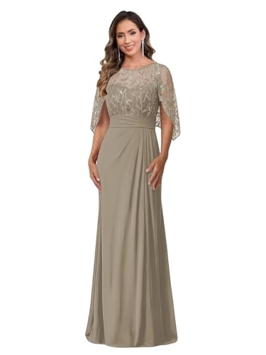 Elegant Mother of The Bride Dress Chiffon Lace Applique Sleeves Ruched Waist Formal Evening Gown Taupe 2