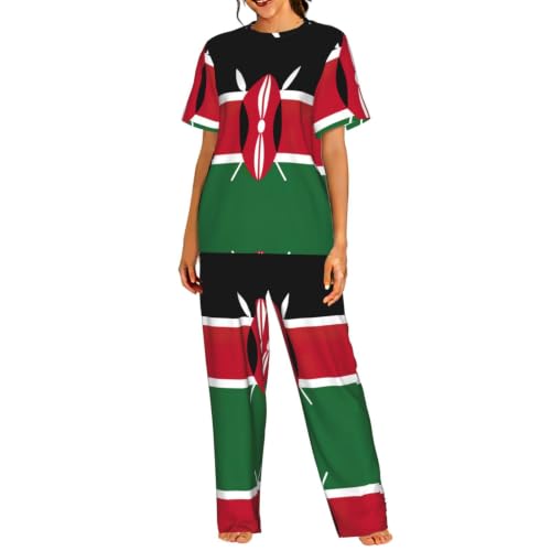 Pyjama Kenya femme ensemble 2 pièces vêtement de nuit manches courtes pantalon long doux grand taille